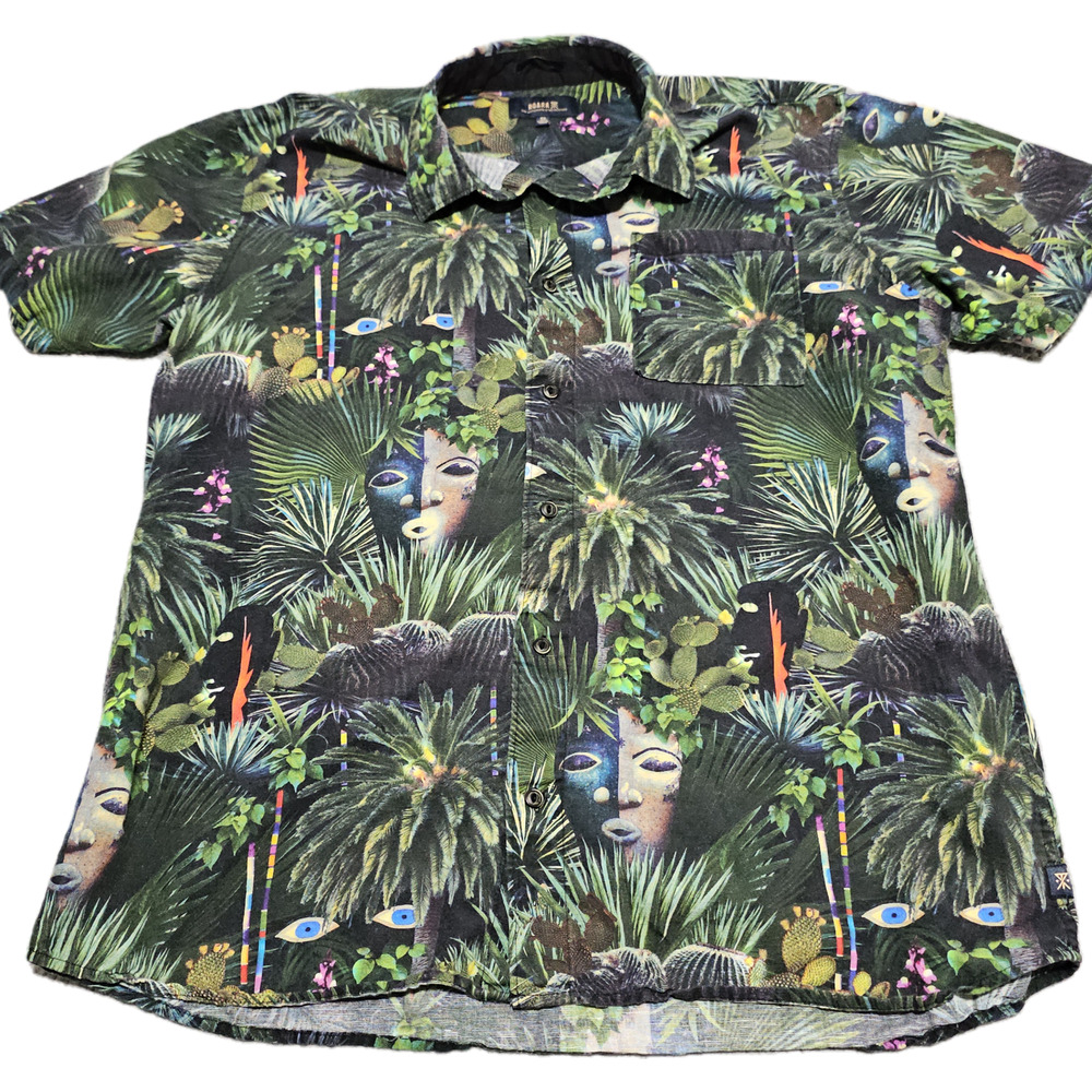 Roark Mens Revival Jungle Aloha Tiki Tribal Hawaiian Button Shirt XL Linen Blend